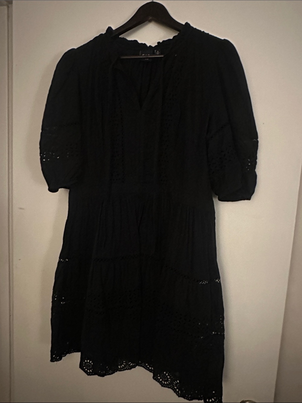 GAP Black Eyelet Tiered Mini Dress with Puff Sleeves